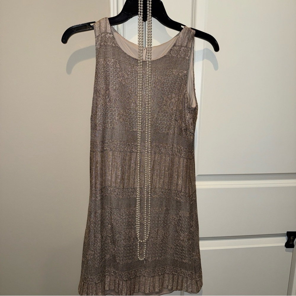 VTG SL Fashions Gold Chiffon Overlay 20’s Mini Dress Petite Small Pearls